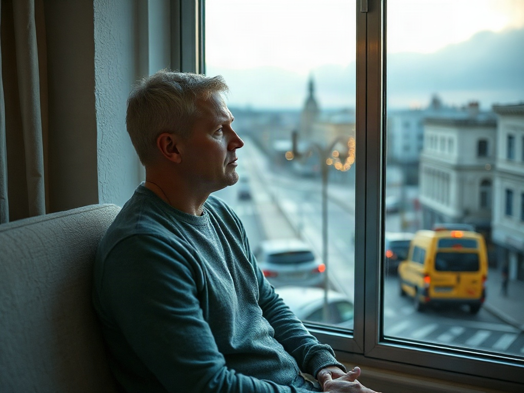 Мужчина сидит у окна, смотрит на улицу, его лицо выражает задумчивость и спокойствие.