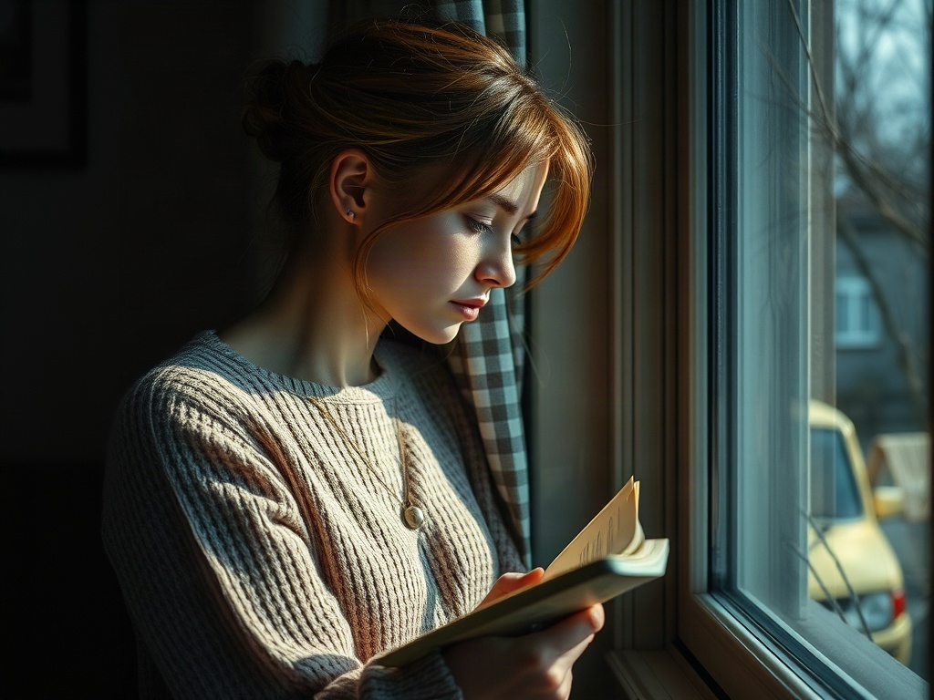 Девушка с книгой смотрит в окно, на улице светит солнце, создавая уютную атмосферу.