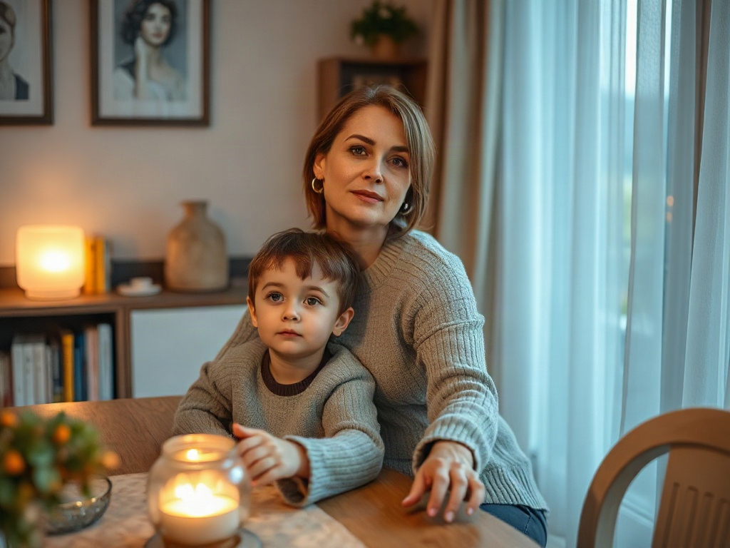 Мать с сыном на кухне, свеча горит, уютная атмосфера, теплое освещение и мягкие тона.