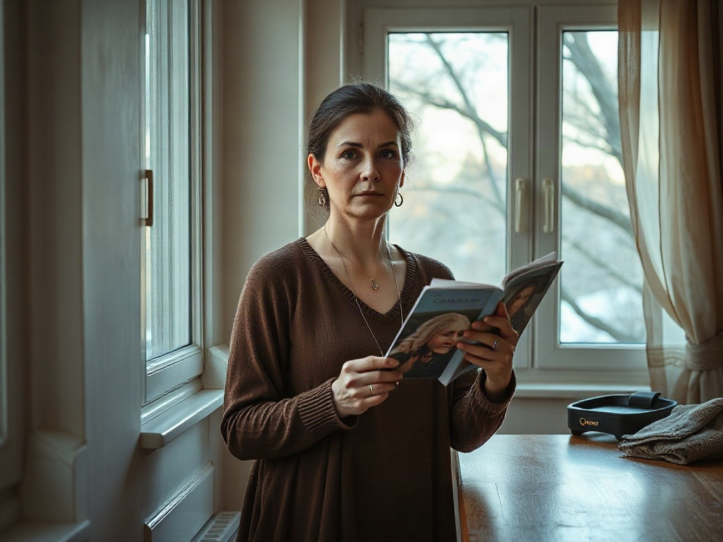 Женщина с книгой стоит у окна, в комнате с мягким светом и атмосферой уюта. Характерный сосредоточенный взгляд.
