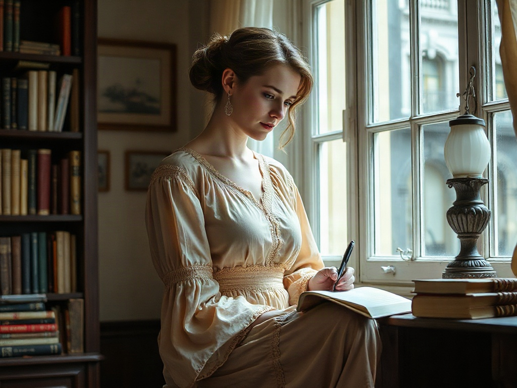 Молодая женщина пишет у окна, окружённая книгами, в спокойной и уютной обстановке.